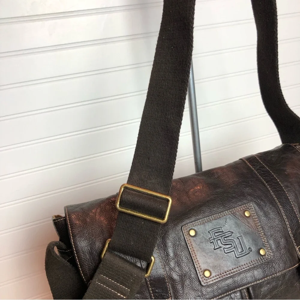 Florida State Gridiron Brown Leather Messenger Book Laptop Bag Seatbelt Strap